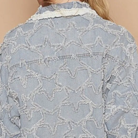POL Star Distressed Denim Lace Collar Frayed Large Pocket Button Cotton Jacket