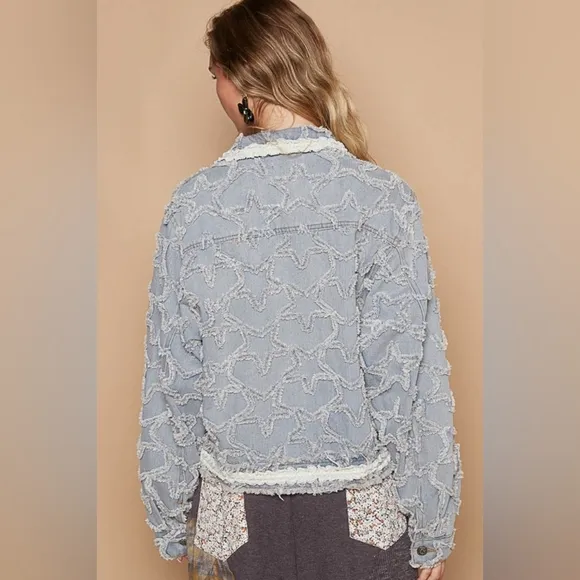 POL Star Distressed Denim Lace Collar Frayed Large Pocket Button Cotton Jacket