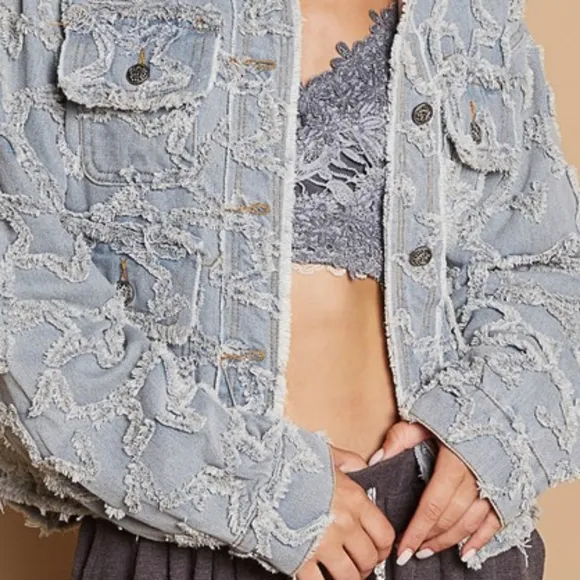 POL Star Distressed Denim Lace Collar Frayed Large Pocket Button Cotton Jacket