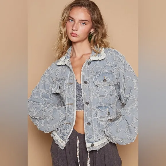POL Star Distressed Denim Lace Collar Frayed Large Pocket Button Cotton Jacket