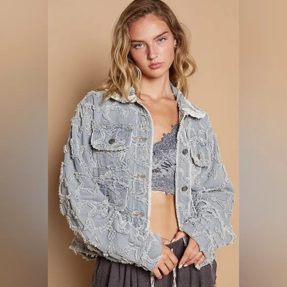 POL Star Distressed Denim Lace Collar Frayed Large Pocket Button Cotton Jacket