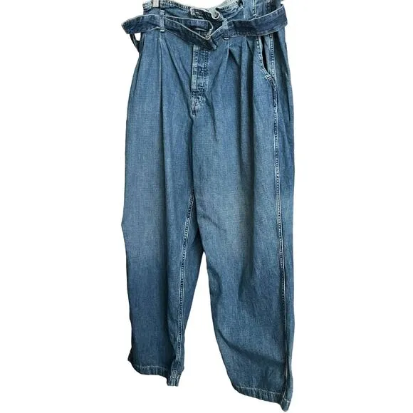 POLO RALPH LAUREN &quot;PAPERBAG&quot; JEANS, WOMENS, 32R, WIDE LEG, HIGH-RISE, BELT