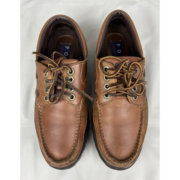 Polo Ralph Lauren Leather Loafers Mens 10 D Brown Boat Shoes Lace Up Preppy Work