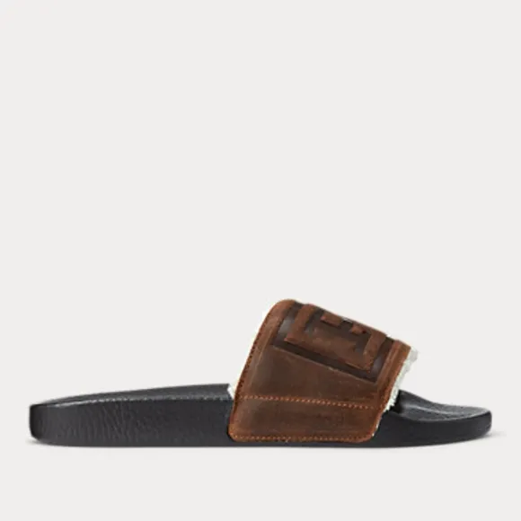 Polo Ralph Lauren Men's Suede Leather Shearling Slide Sandals Brown New 10 11