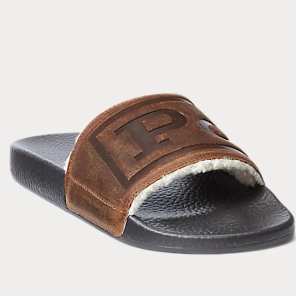 Polo Ralph Lauren Men's Suede Leather Shearling Slide Sandals Brown New 10 11