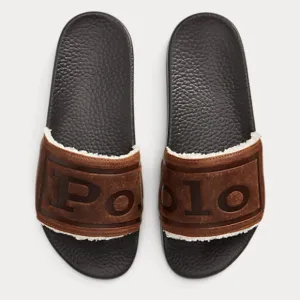 Polo Ralph Lauren Men's Suede Leather Shearling Slide Sandals Brown New 10 11