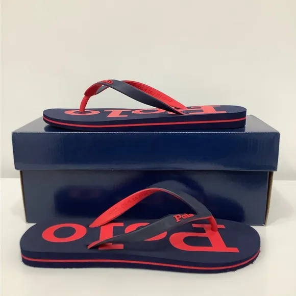Polo Ralph Lauren Red blue Sandals Flip Flop Slide Logo Spell-out Men Size 10