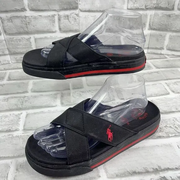 Polo Ralph Lauren Women's 9 Black/Red Canvas Slide Sandals Vintage 90s