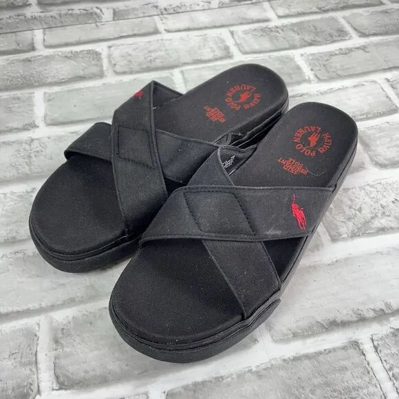 Polo Ralph Lauren Women's 9 Black/Red Canvas Slide Sandals Vintage 90s