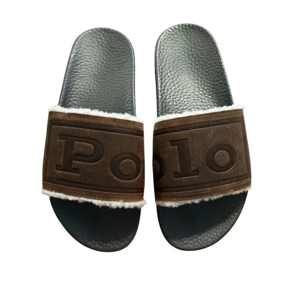 Polo Ralph Lauren Faux Fur Slides Sandals Brown Leather Cayson Men's Size 14