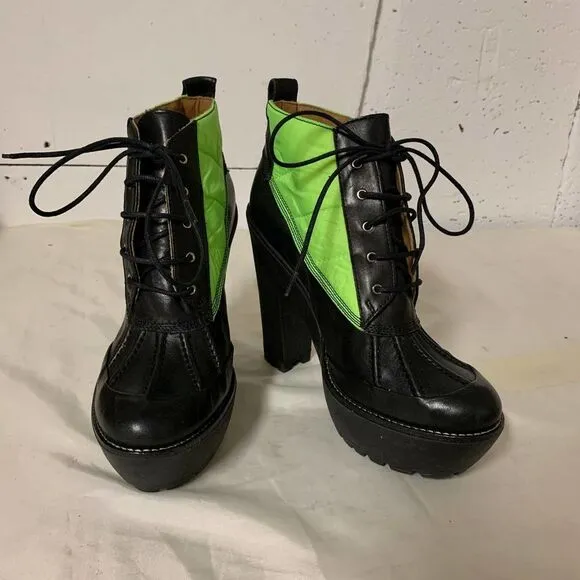 POLO RALPH LAUREN neon green high heel  5 inch lace up Hester boots booties 38 8