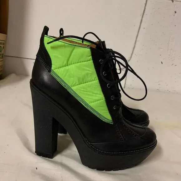 POLO RALPH LAUREN neon green high heel  5 inch lace up Hester boots booties 38 8