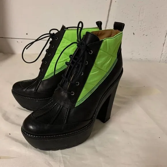 POLO RALPH LAUREN neon green high heel  5 inch lace up Hester boots booties 38 8