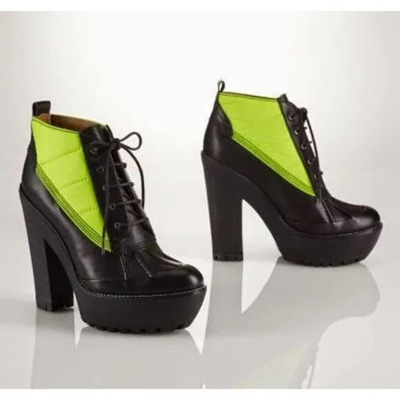 POLO RALPH LAUREN neon green high heel  5 inch lace up Hester boots booties 38 8