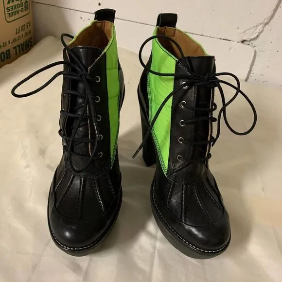 POLO RALPH LAUREN neon green high heel  5 inch lace up Hester boots booties 38 8