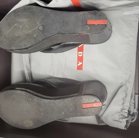 Prada Black Leather Wedge Slides