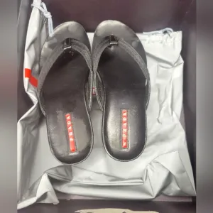 Prada Black Leather Wedge Slides