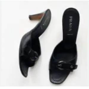 PRADA Buckle Front Heeled Slide On Mules Sandals