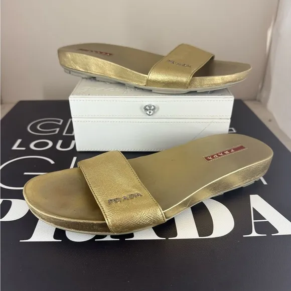 Prada Gold Women's Slide Sandals. 38.5