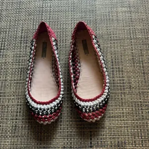 Prada Red Black White Woven Leather Flats