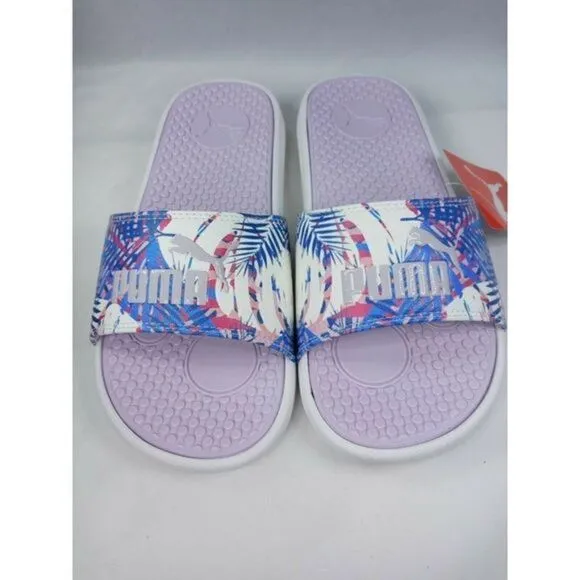 PUMA Cool Cat. Women's Size 8 Island Daze with Purple Logo Comfort Slide Sandals