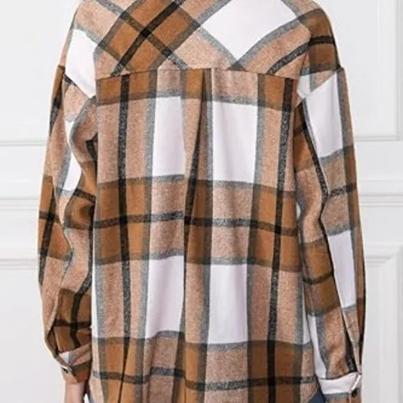Queen Womens Flannel‎ Shacket Jacket Casual Plaid Wool Blend Button Down Long Sl