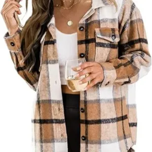 Queen Womens Flannel‎ Shacket Jacket Casual Plaid Wool Blend Button Down Long Sl
