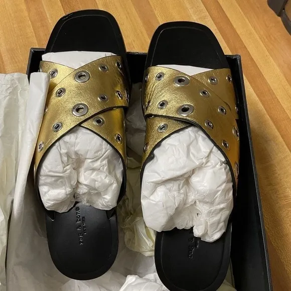 Rag &amp; Bone Paige Crisscross Gold Slide Sandals Size 39/9