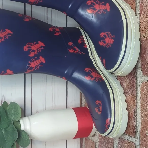 Rare Vintage 90's Navy Blue Red Lobster Heavy Duty Rubber Rain Boots Women's 8