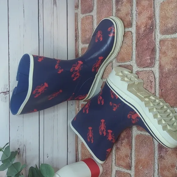 Rare Vintage 90's Navy Blue Red Lobster Heavy Duty Rubber Rain Boots Women's 8