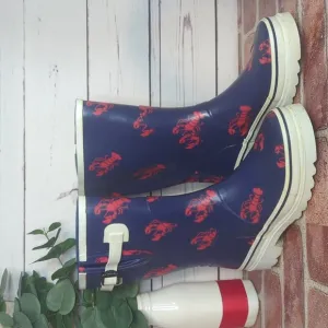 Rare Vintage 90's Navy Blue Red Lobster Heavy Duty Rubber Rain Boots Women's 8
