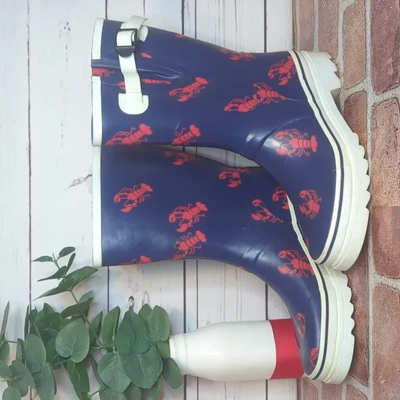 Rare Vintage 90's Navy Blue Red Lobster Heavy Duty Rubber Rain Boots Women's 8