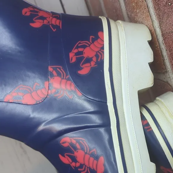 Rare Vintage 90's Navy Blue Red Lobster Heavy Duty Rubber Rain Boots Women's 8