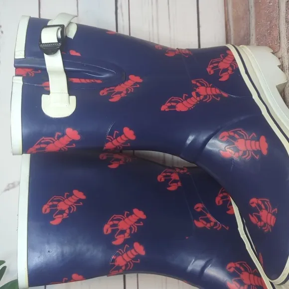 Rare Vintage 90's Navy Blue Red Lobster Heavy Duty Rubber Rain Boots Women's 8