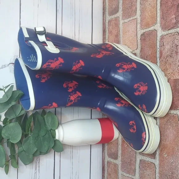 Rare Vintage 90's Navy Blue Red Lobster Heavy Duty Rubber Rain Boots Women's 8