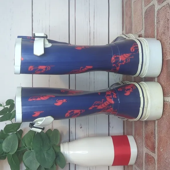 Rare Vintage 90's Navy Blue Red Lobster Heavy Duty Rubber Rain Boots Women's 8