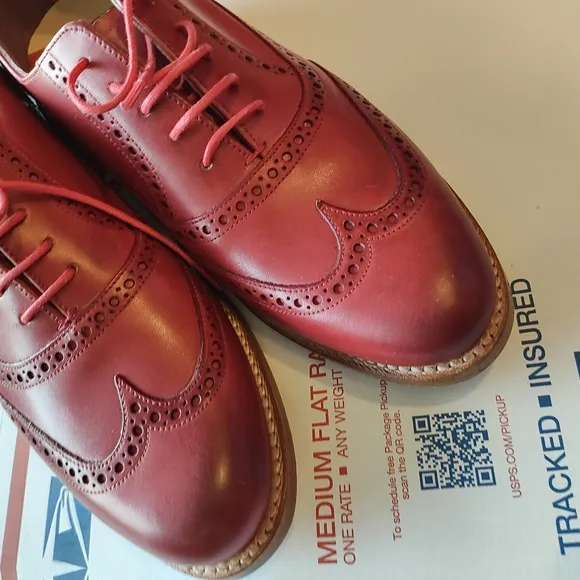 Red Leather Flats with Broguing Details
