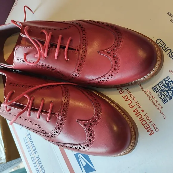 Red Leather Flats with Broguing Details