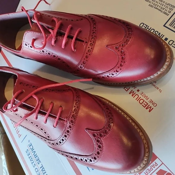Red Leather Flats with Broguing Details