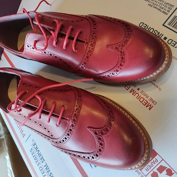 Red Leather Flats with Broguing Details