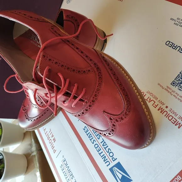 Red Leather Flats with Broguing Details