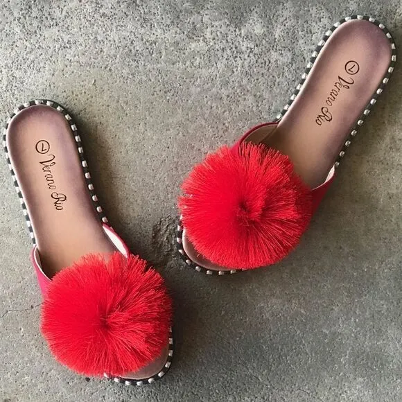 Restock! Summer Pom Pom Red Mule Slide Sandal