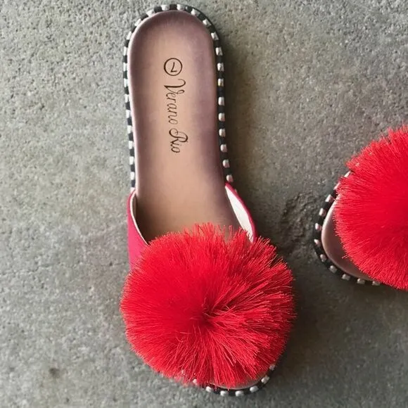 Restock! Summer Pom Pom Red Mule Slide Sandal