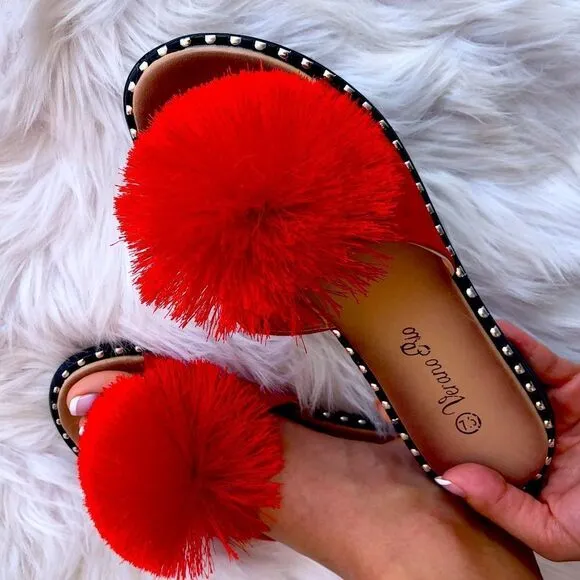 Restock! Summer Pom Pom Red Mule Slide Sandal