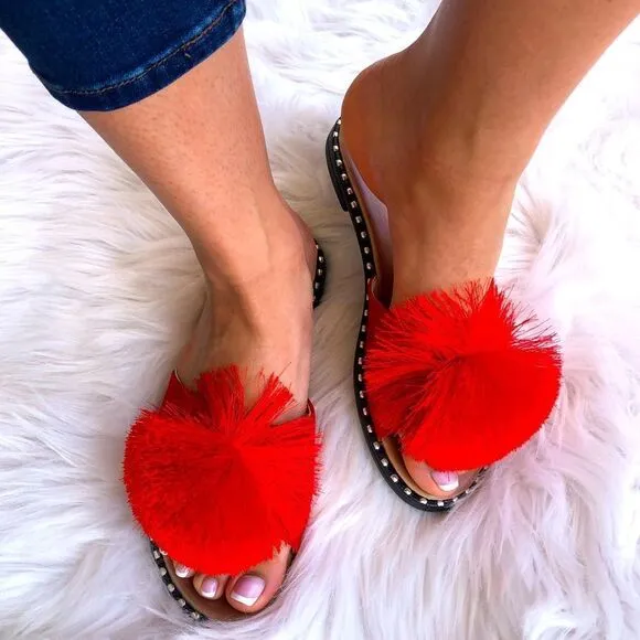 Restock! Summer Pom Pom Red Mule Slide Sandal