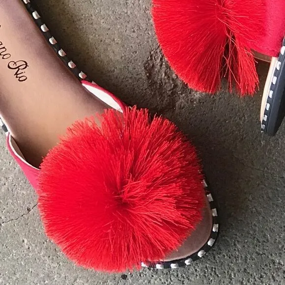 Restock! Summer Pom Pom Red Mule Slide Sandal
