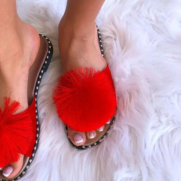 Restock! Summer Pom Pom Red Mule Slide Sandal