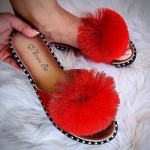 Restock! Summer Pom Pom Red Mule Slide Sandal