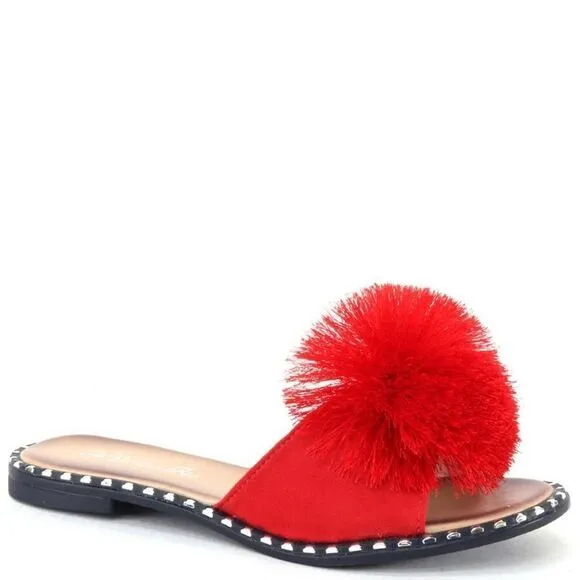 Restock! Summer Pom Pom Red Mule Slide Sandal