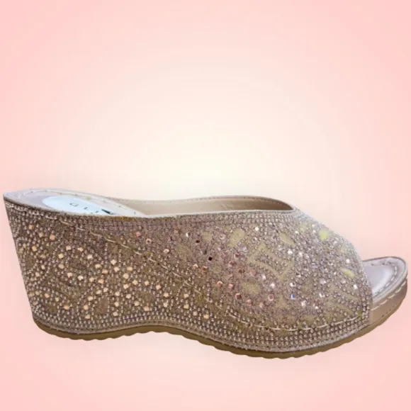 Restocked! Italina Gold Metallic Rhinestone Embellished Wedge Heel